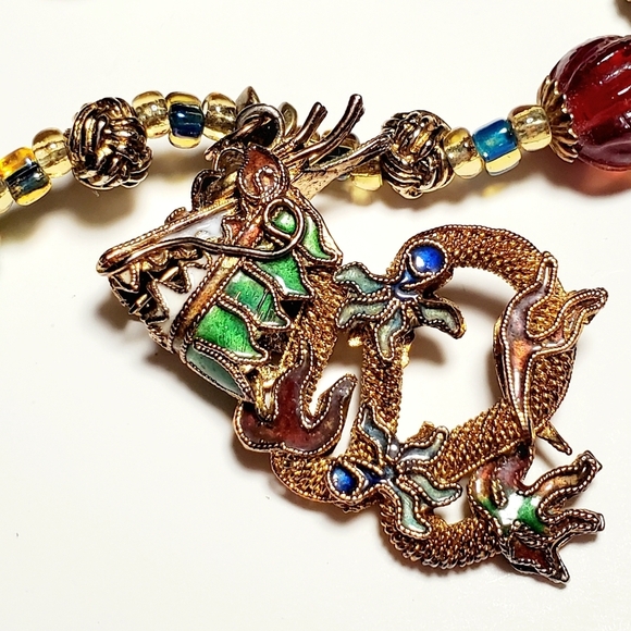 VINTAGE Colorful Beaded Necklace with Dragon Charm 24" L - Picture 8 of 9